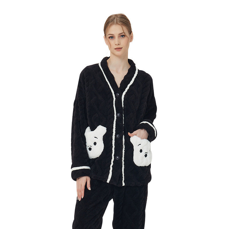 Beakey Womens V Neck Buttons Cardigan Pajamas Set-White Bear