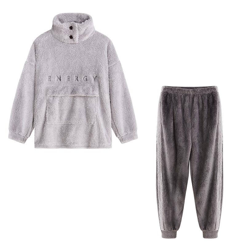 Beakey Thickening Coral Fleece Pajamas Set for Women-LightGrey