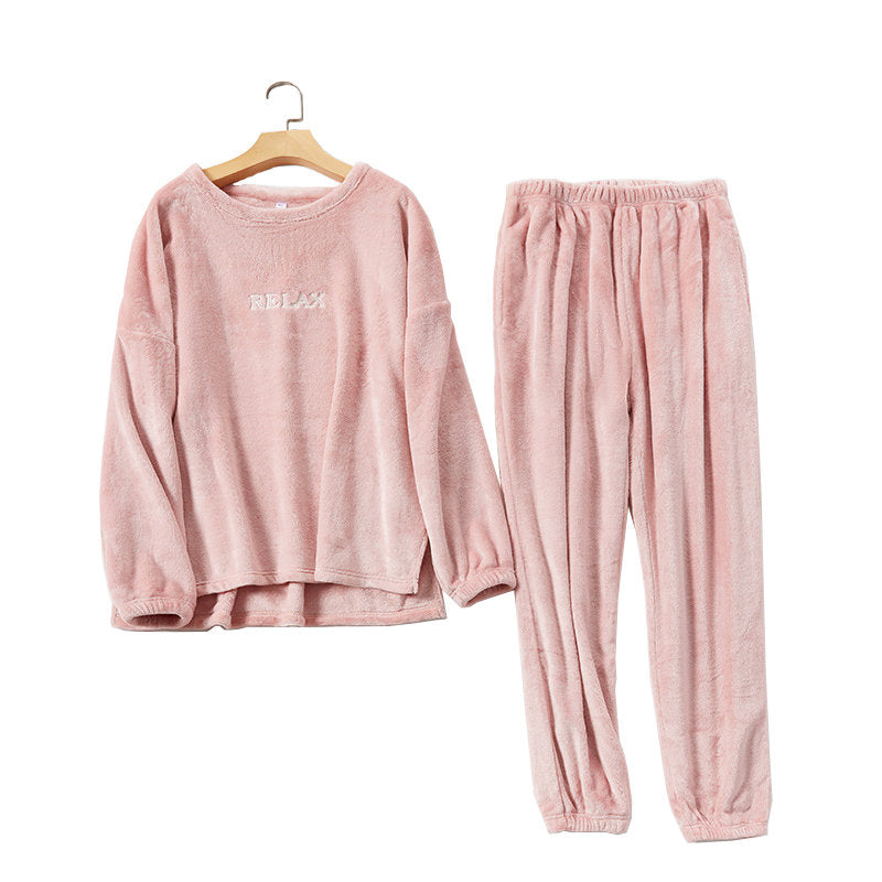 Beakey Crew Neck Flannel Pajamas Set for Women-Light Pink