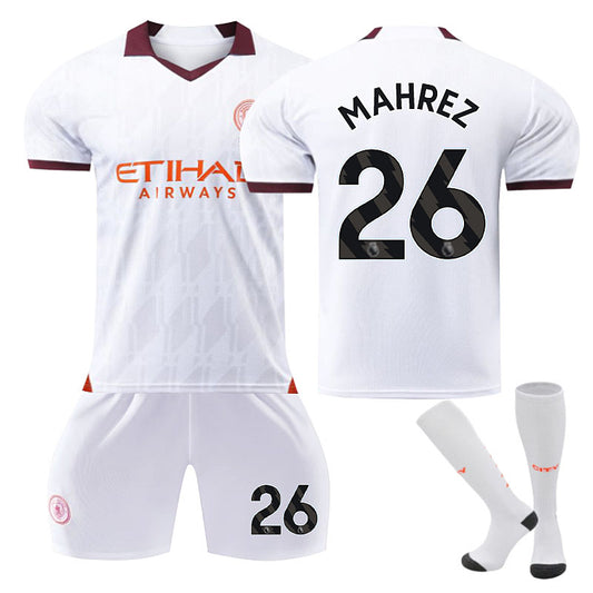 Beakey Manchester City Away Jersey MAHREZ #26 Soccer Jersey Kids Adult 3Pcs Jersey Kits-White