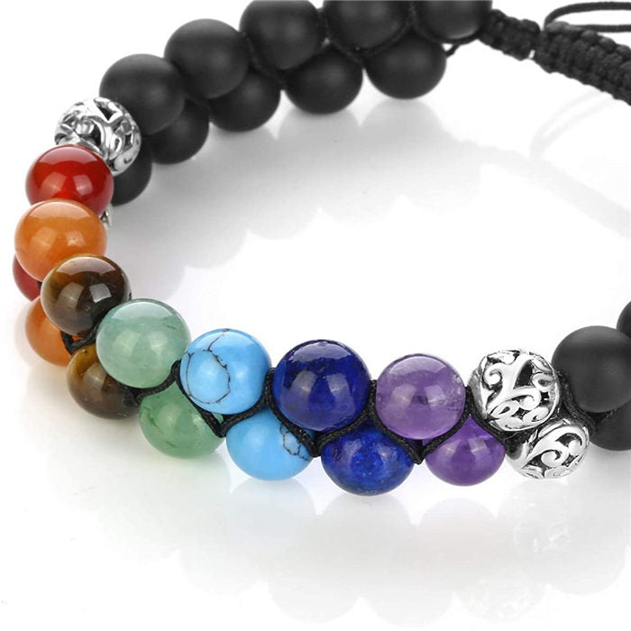 Beakey Bead Bracelet 7 Chakras Healing Crystals Bracelet Stone Beads Double Layer Bracelets-Matte Black Agate Bracelet