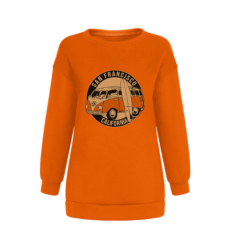 Beakey Vintage Sweatshirt for Women Bus Graphic Crewneck Fleece Pullover-Orange
