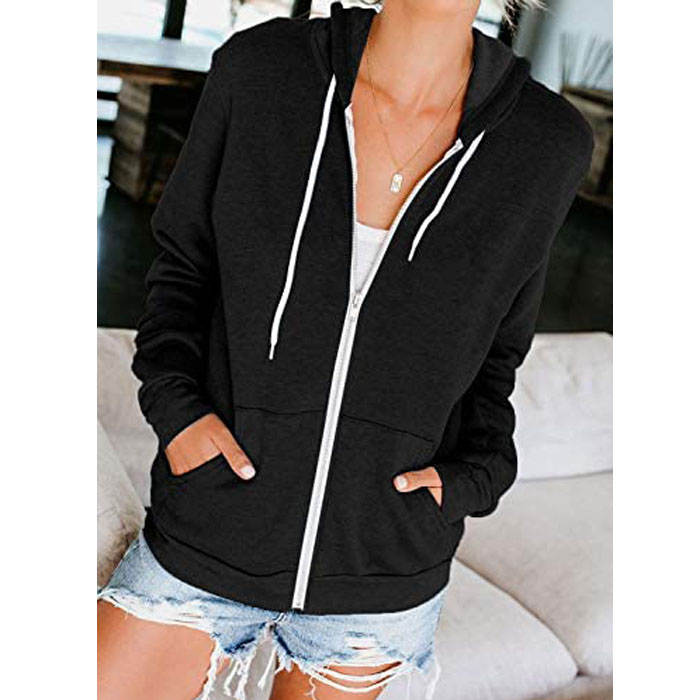 Beakey Womens Solid Color Zip Up Hoodie Long Sleeve Casual Sweatshirts Coat-Black-7052