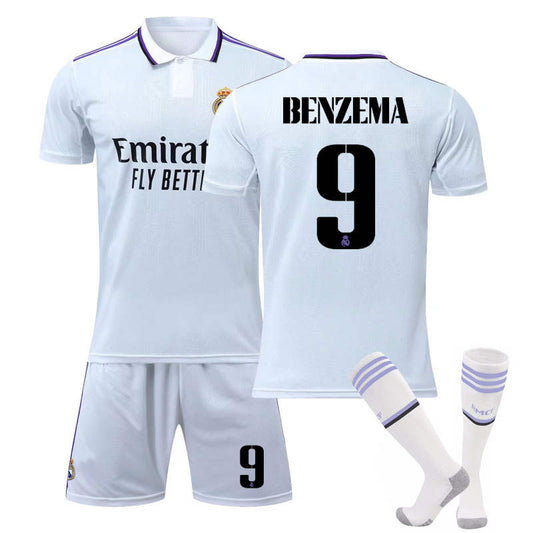 Beakey Real Madrid Home Jersey 2022-23 BENZEMA #9 Soccer Jersey Kids Adult 3-Pieces Jersey Kits