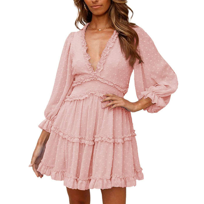 Beakey Womens Spring Summer Deep V Neck Ruffle Long Sleeve Mini Dress-Pink-225781