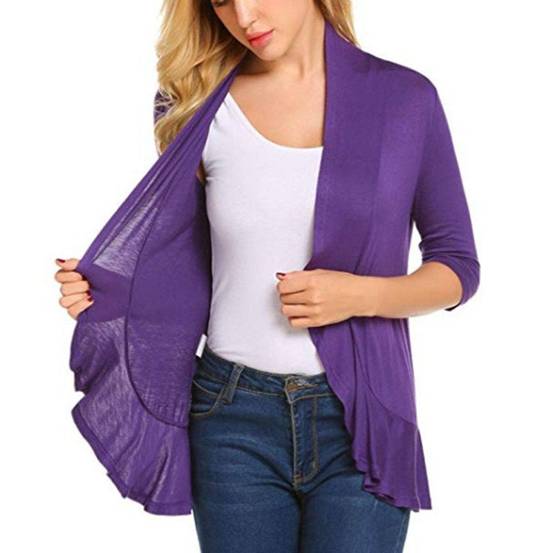 Beakey Women's Open Front Cardigan 3/4 Sleeve Draped Ruffles Soft Knit Sweaters-Purple-8012