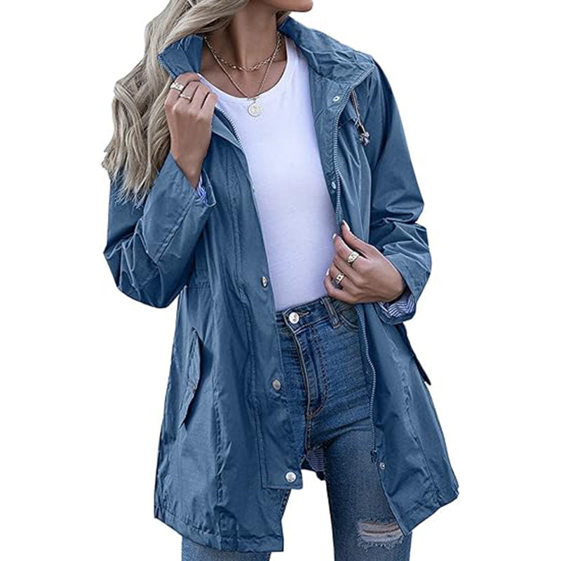 Beakey Rain Jacket for Women Striped Lined Hooded Lightweight Windbreaker-Denim Blue