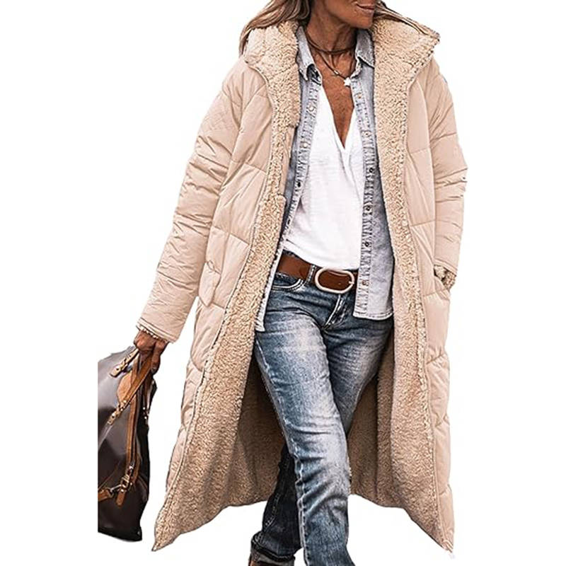 Beakey Womens Long Coats with Hood Fleece Lining Oversized Jackets-Apricot