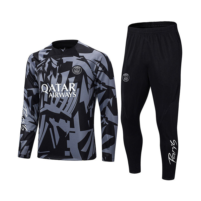 Beakey Paris Jersey Kits Camouflage Football Training Suit with Half Zipper for Adults Kids-BlackGray