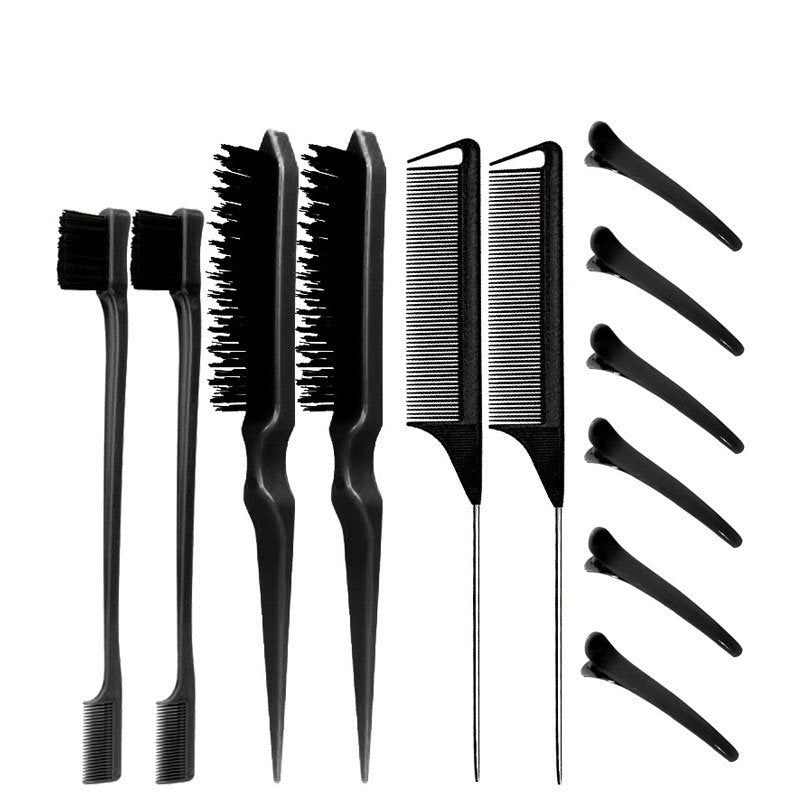 Beakey 12 Pcs Hair Brush with Rat Tail Combs Duckbill Clips for Women Girls-Black