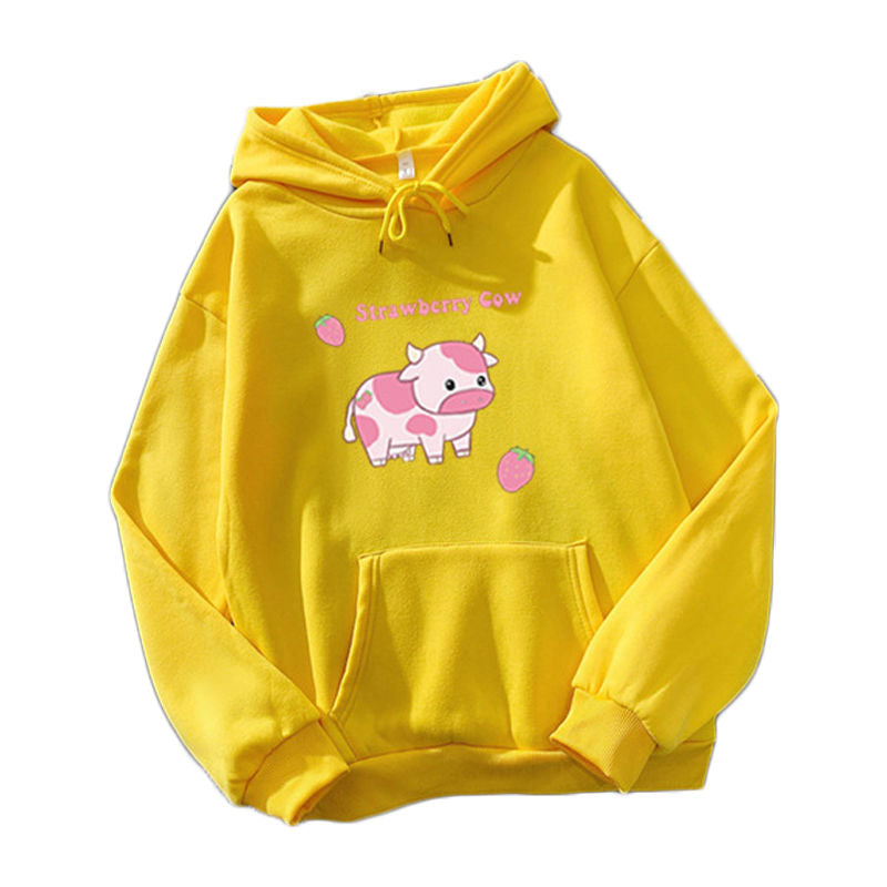 Beakey Casual Hoodie Strawberry Cow Print with Pockets for Women Men-Yellow