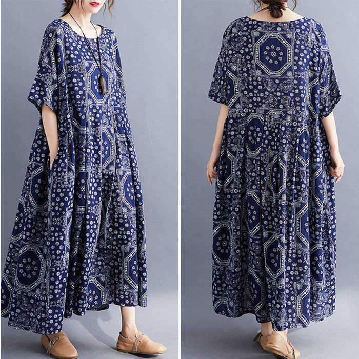 Beakey Casual Cotton Dress Women Linen Print Spliced Round Neck Literature And Art Maxi Dress