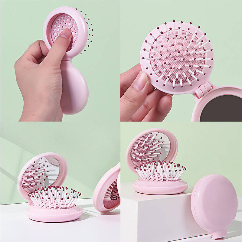 Beakey Mini Hair Brush for Purse Portable Pocket Hair Brush with Mirror for Girls Travel Size-Pink