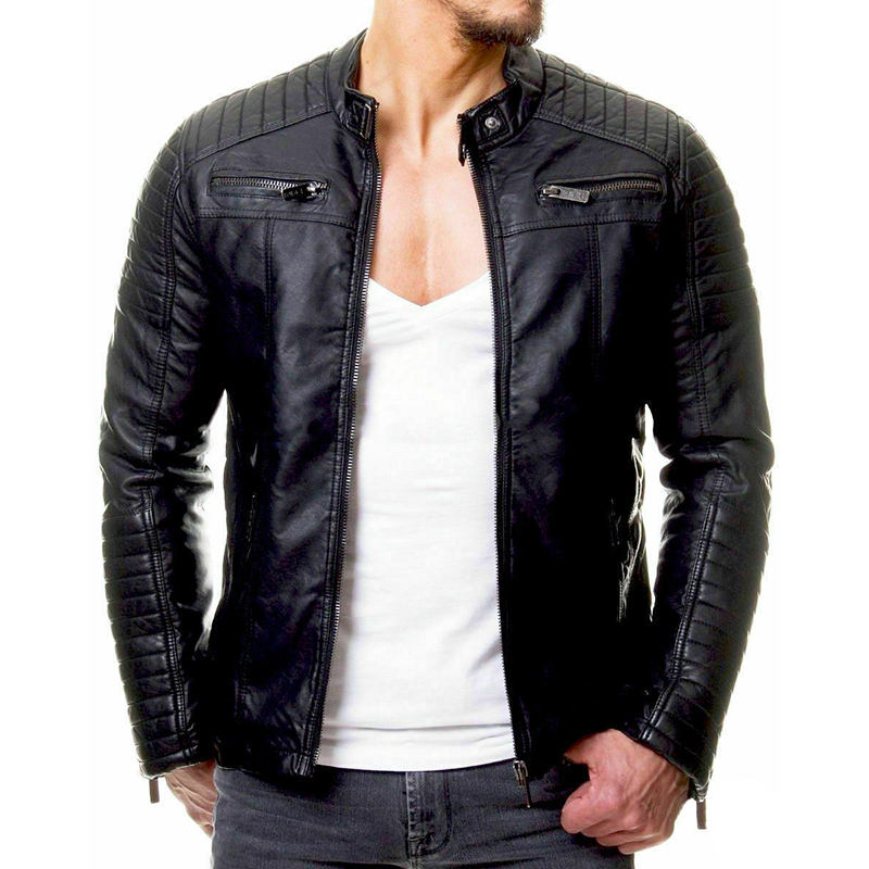 Beakey Mens Slim Fit Leather Jackets Stand Collar Zip Up Motorcycle Coat-Black