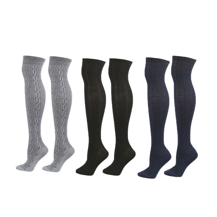 Beakey 3Packs Women Extra Long High Socks Knit Warmers Thick Tall Long Boot Stockings Leg-BlackNavyGray