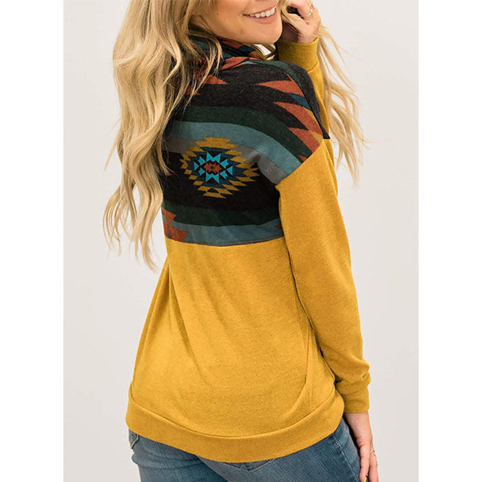 Beakey Women Turtleneck Color Block Pullover Sweatshirt Tops With Pockets-Yellow-HY201028
