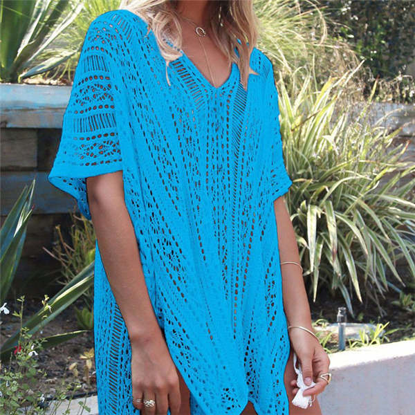 Beakey Women's Swimsuit Beach Bikini Loose Blouse Knitted Blouse Stylish Beach Cover up-Lake Blue