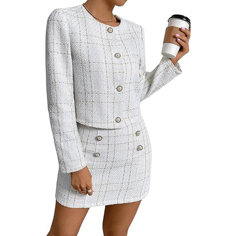 Beakey Elegant Outfit for Women Plaid Tweed Jacket + Bodycon Mini Skirt-White