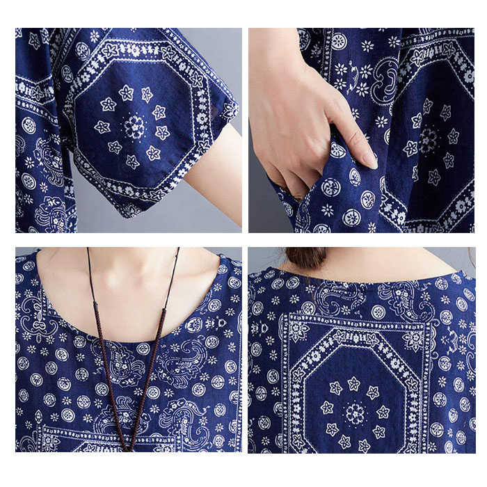 Beakey Casual Cotton Dress Women Linen Print Spliced Round Neck Literature And Art Maxi Dress