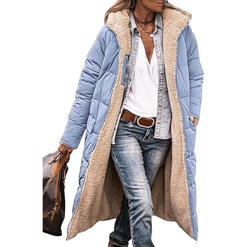 Beakey Womens Long Coats with Hood Fleece Lining Oversized Jackets-Light Blue