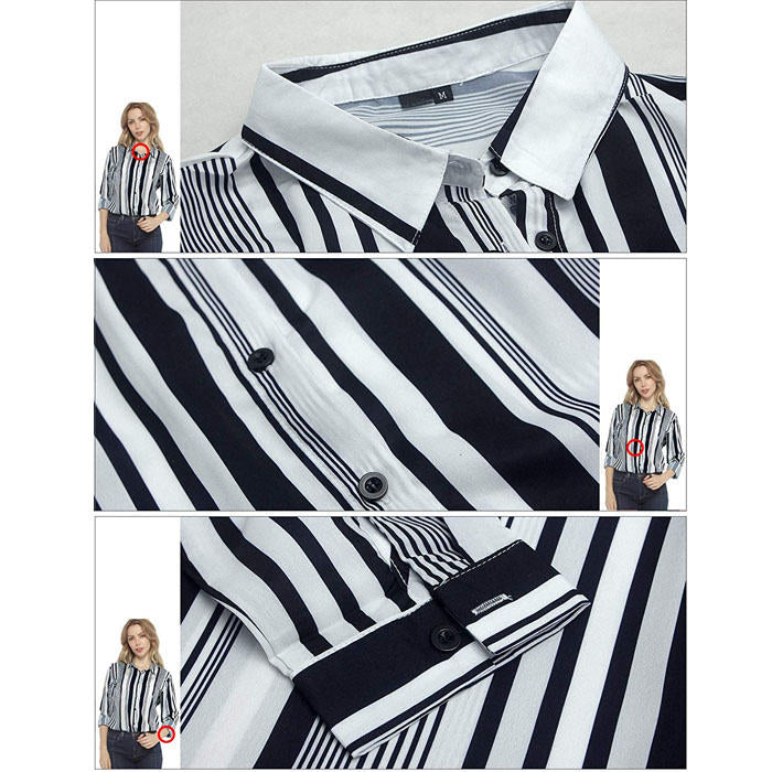 Beakey Women Autumn V Neck Striped Printing Roll up Sleeve Button Down Blouses Top-White-623