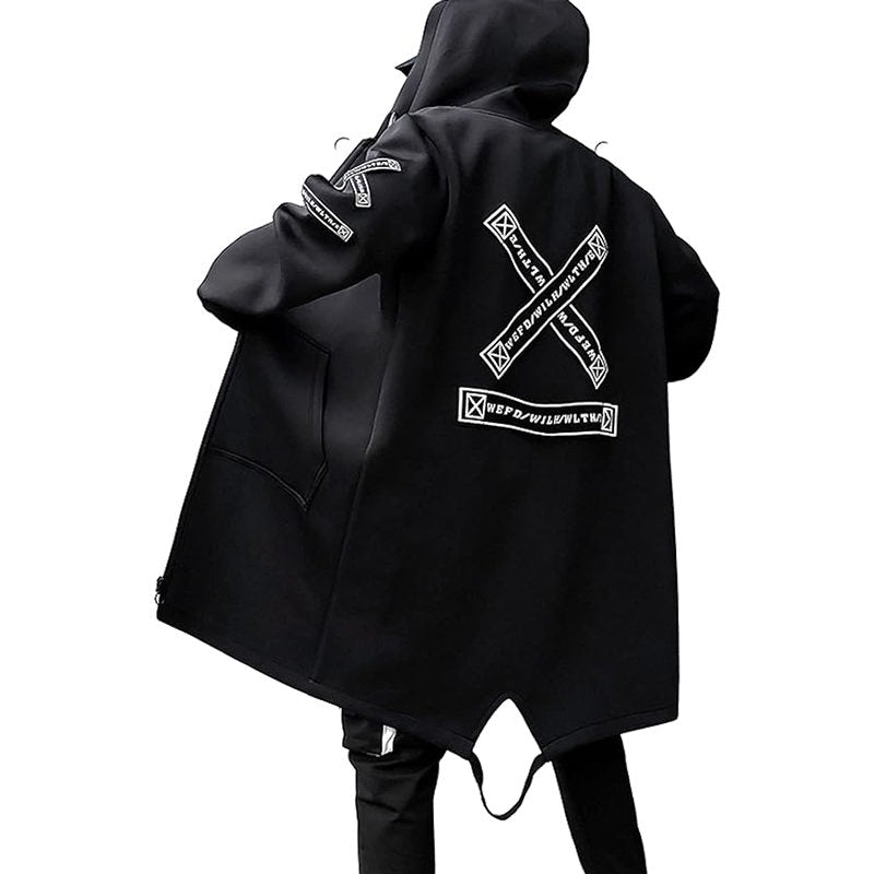 Beakey Hooded Windbreaker for Men Print Harajuku Zipper Long Jacket-Black