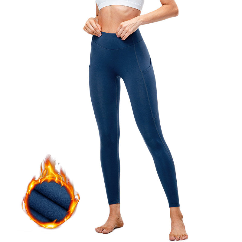 Beakey Womens Fleece Leggings with Pockets Tummy Control Thermal Yoga Pants-Blue