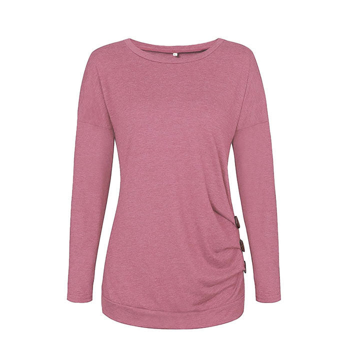 Beakey Women's Casual Long Sleeve Round Neck Loose T Shirt Blouse Tops-Pink-88041