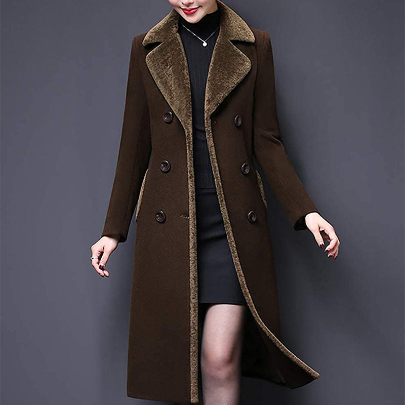 Beakey Womens Winter Wool Blend Long Coat Double Breasted Lapel Jacket-Deep Coffee