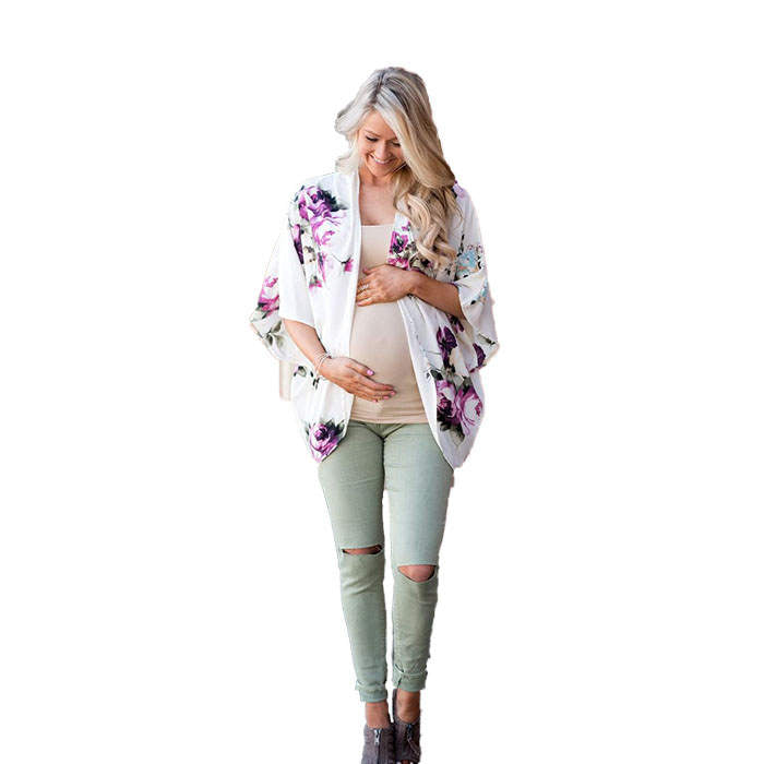 Beakey Women's Summer Floral Print Kimonos Loose Half Sleeve Chiffon Cardigan Blouses Casual Cover Up - White Flower