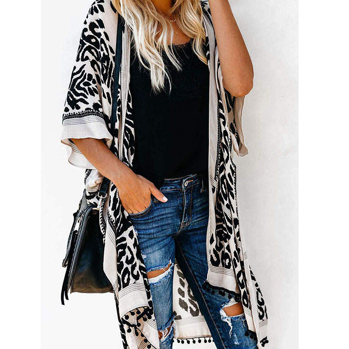 Beakey Women Print Kimono Tassel Casual Cardigan V Neck Loose Swimsuit Cover Up Beachwear-Black