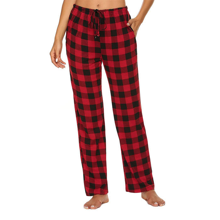 Beakey Women Lounge Pants Comfy Pajama Bottom Stretch Plaid Drawstring Bottoms Pants-Red-SP127