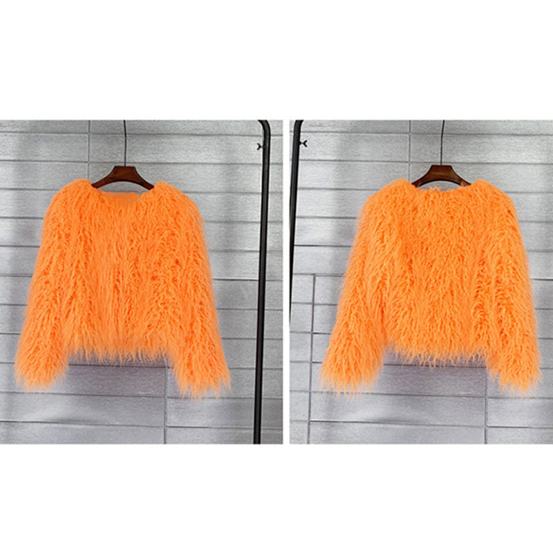 Beakey Womens Shaggy Faux Fur Outwear Short Thermal Coat-Orange
