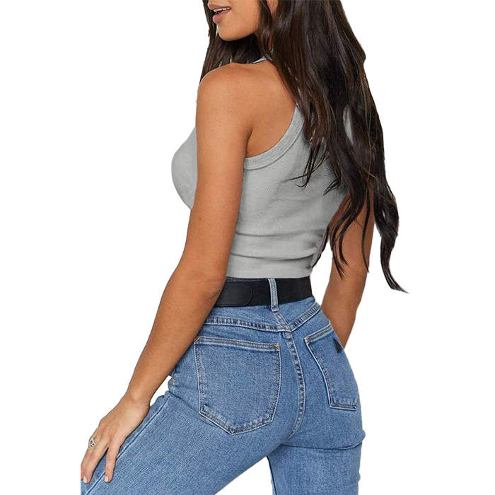 Beakey Vest For Women Notch Sleeveless Summer Ribbed Short Leaking Belly Tank Tops-Light Gray-3011