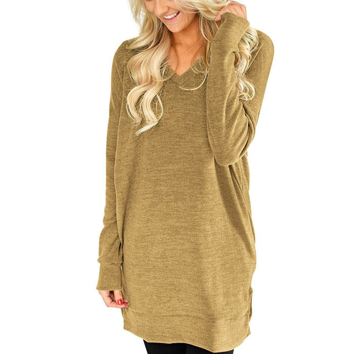Beakey Womens Casual V Neck Long Sleeves Pocket Solid Color Sweatshirt Split Tops-Khaki-W0083