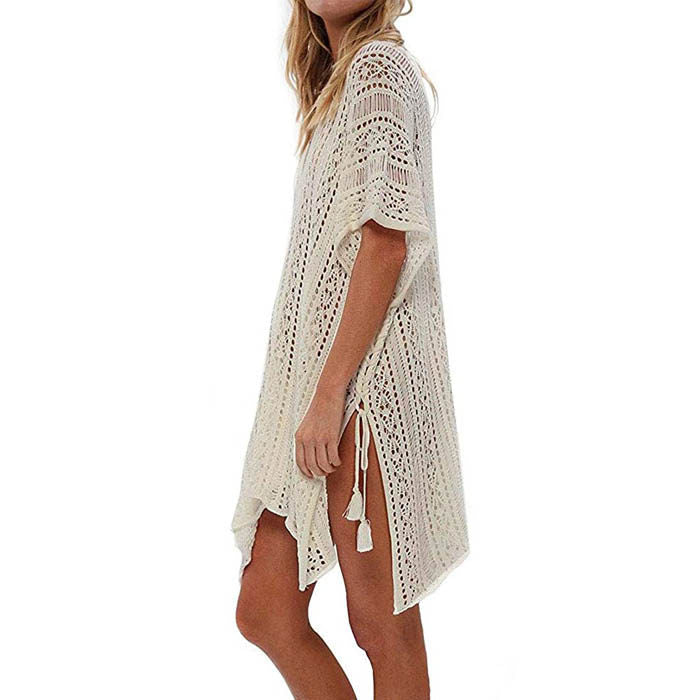 Beakey Women's Swimsuit Beach Bikini Loose Blouse Knitted Blouse Stylish Beach Cover up-Apricot