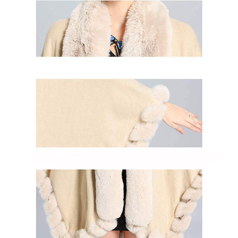 Beakey Womens Faux Fox Fur Trim Cardigan Shawl Oversized Cape-Beige