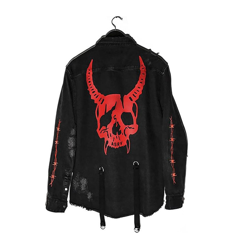 Beakey Mens Denim Jacket Distressed Ripped Hip Hop Outwear Oversized-Skull