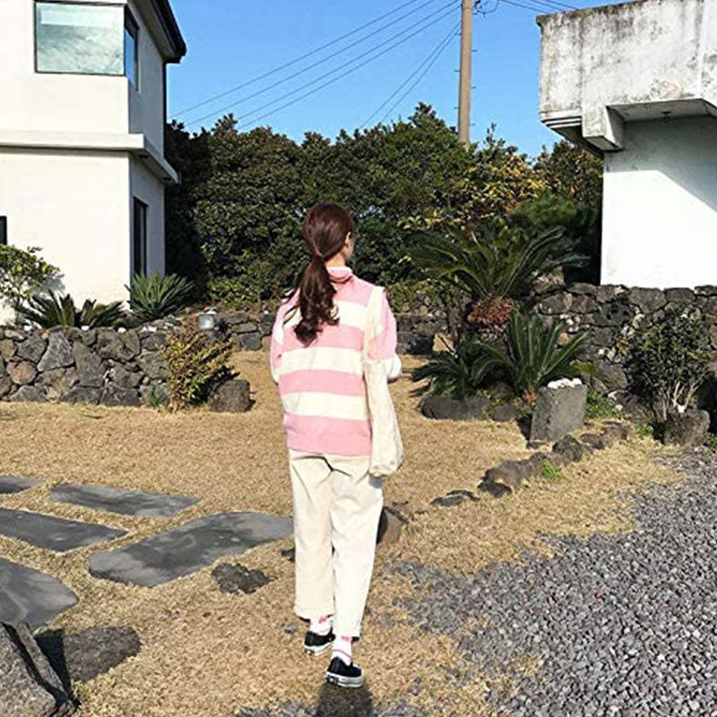 Beakey Womens Kawaii College Style Sweater Contrast Striped Moon Pullover-Pink