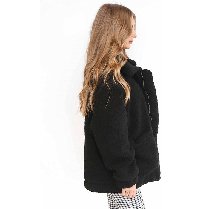 Beakey Women's Lapel Zip Up Coat Faux Shearling Shaggy Oversized  Jacket Warm Winter-Black-T0647