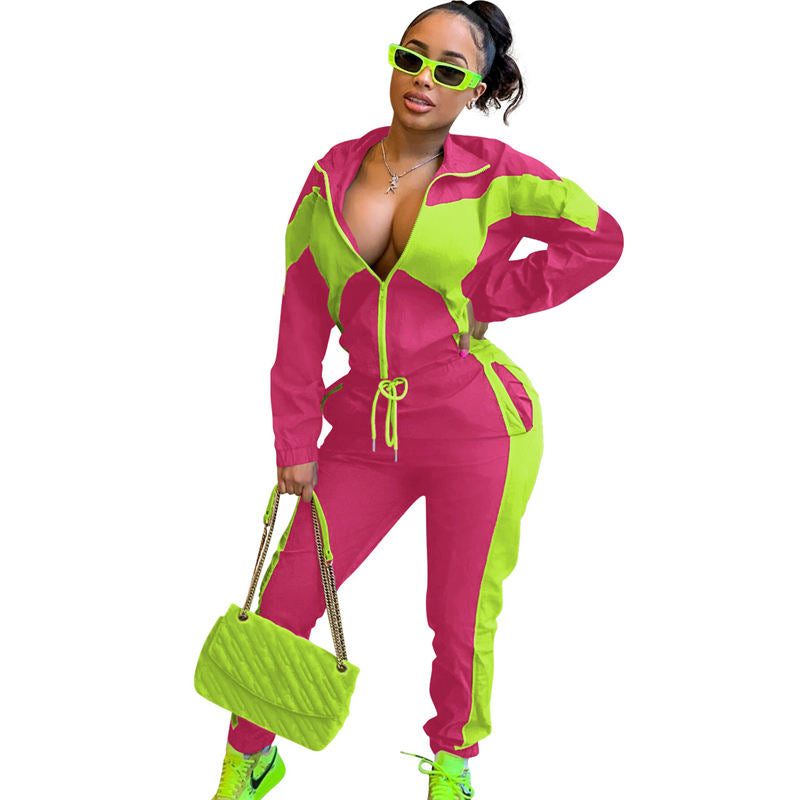 Beakey Womens Windbreaker Jacket Pants Colorblock Patchwork Tracksuit-Rose Red
