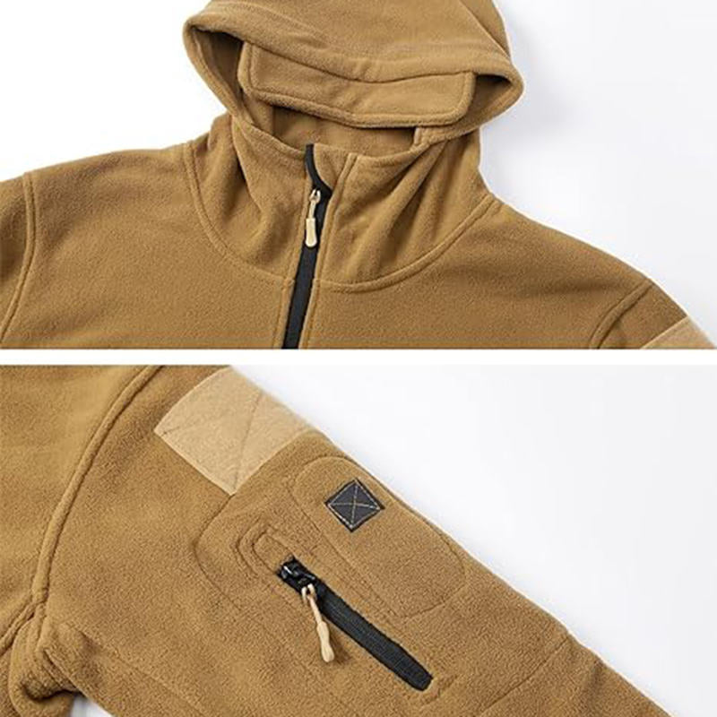 Beakey Military Tactical Jacket for Men Fleece Hooded Coat with Zipper-Khaki