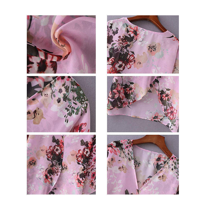 Beakey Women's Summer Floral Print Kimonos Loose Half Sleeve Chiffon Cardigan Blouses Casual Cover Up - Pink