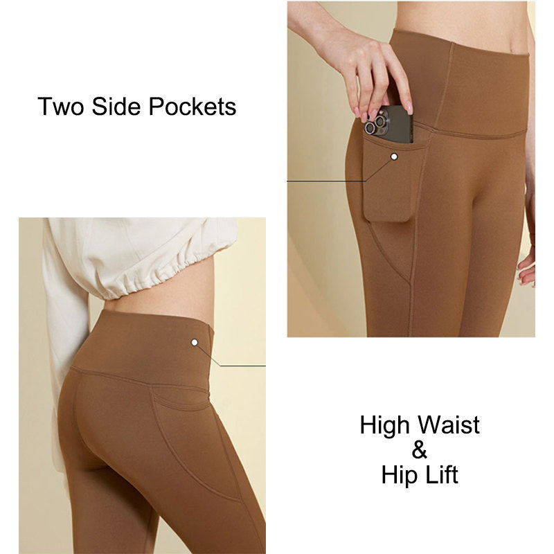 Beakey Womens Legging with Pockets High Waisted Fleece Lined Workout Pants-Coffee