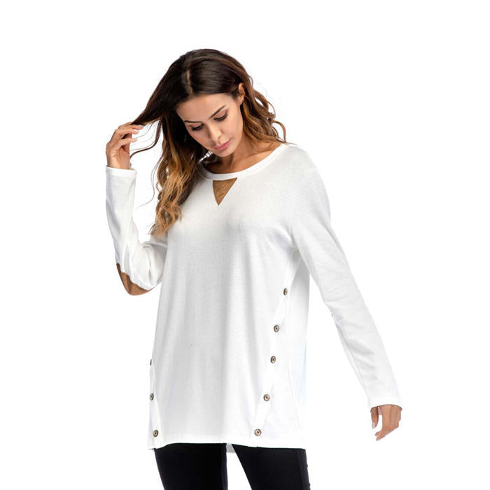 Beakey Women's Long Sleeve Double-breasted Buttons Casual Blouse Tunic Shirt Tops-White-1025