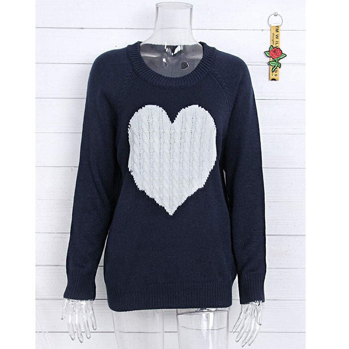 Beakey Women Cute Sweaters Heart Crewneck Long Sleeve Knitted Pullover Sweater-Navy-118004