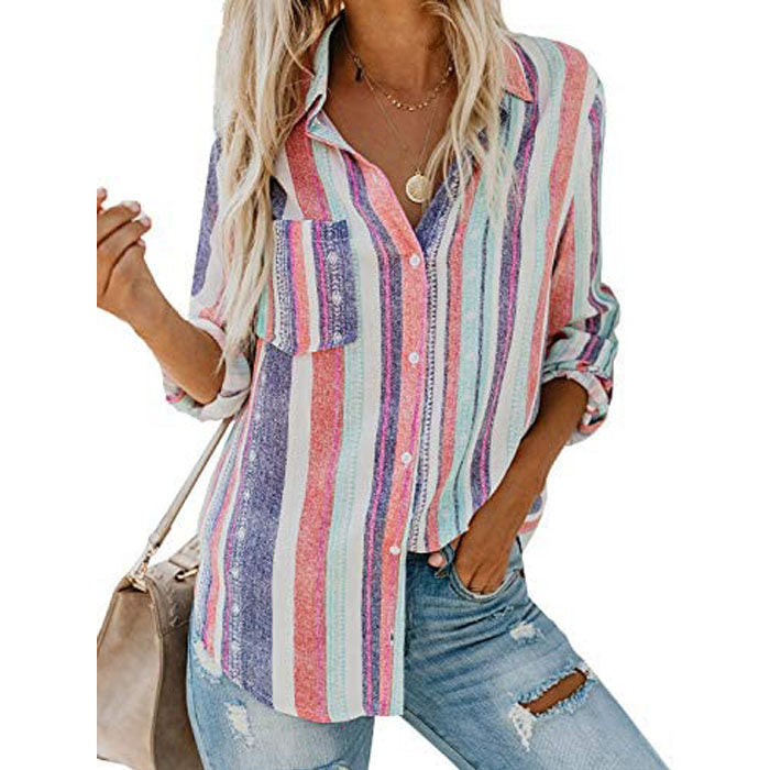 Beakey Women V Neck Long Sleeve Striped Casual Button Down Blouses Tops--Pink Purple-T6755