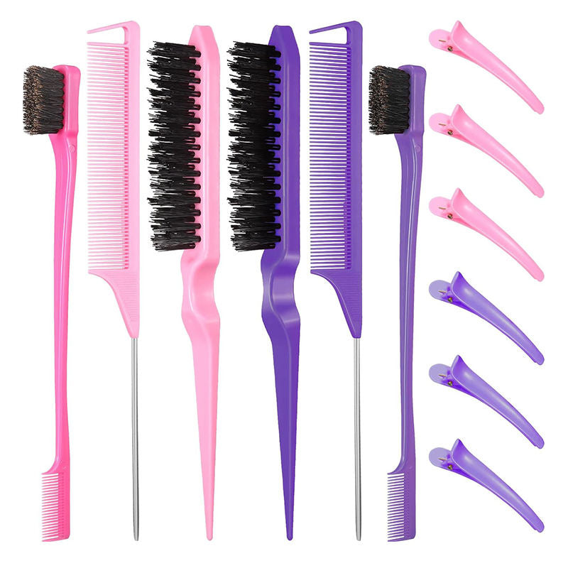 Beakey 12 Pieces Hair Brush Set Nylon Teasing Hair Brushes Rat Tail Combs with Duckbill Clips for Women-Pink Purple
