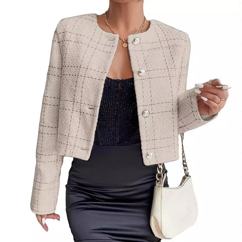 Beakey Cropped Blazer Jacket for Women Collarless Tweed Plaid Outerwear-Apricot