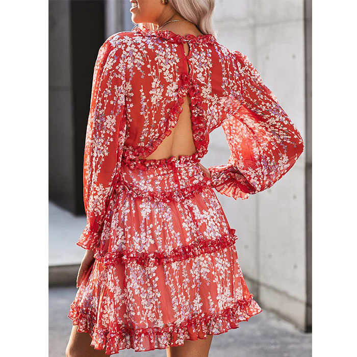 Beakey Womens Spring Summer Deep V Neck Ruffle Long Sleeve Mini Dress-Red-LC220829-1